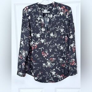 Hilary Radley - Navy Blue, Red and White Graphic Blouse with Mandarin Collar